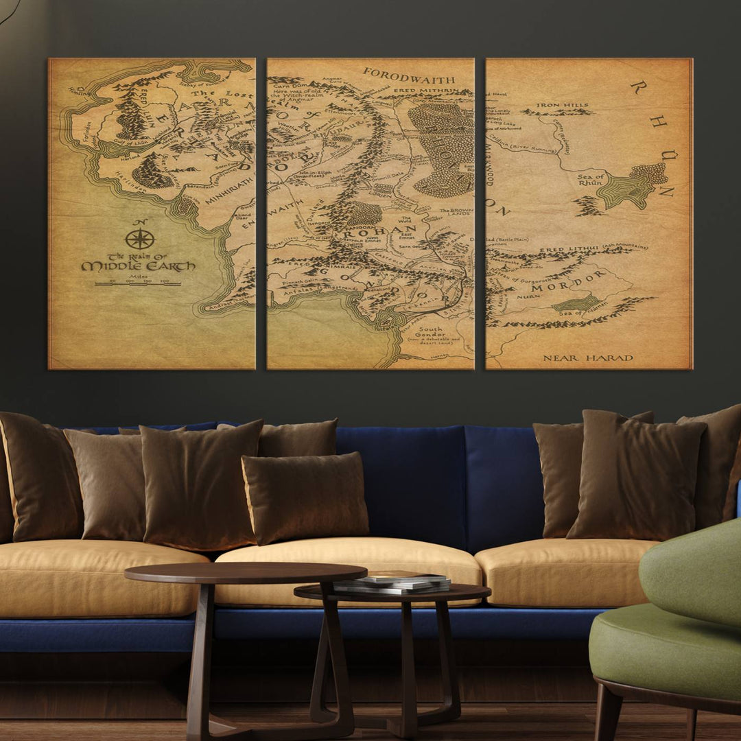 Middle Earth Map Wall Art – Vintage Triptych Canvas Set Featuring Detailed Regions of Rohan, Gondor, and Mordor