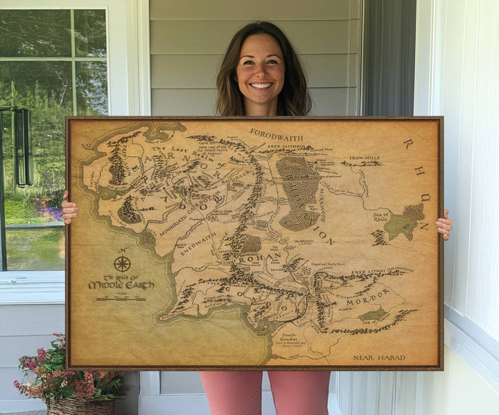 41064-MGV-CV-36X24-Middle Earth Map Wall Art – Vintage Triptych Canvas Set Featuring Detailed Regions of Rohan, Gondor, and Mordor