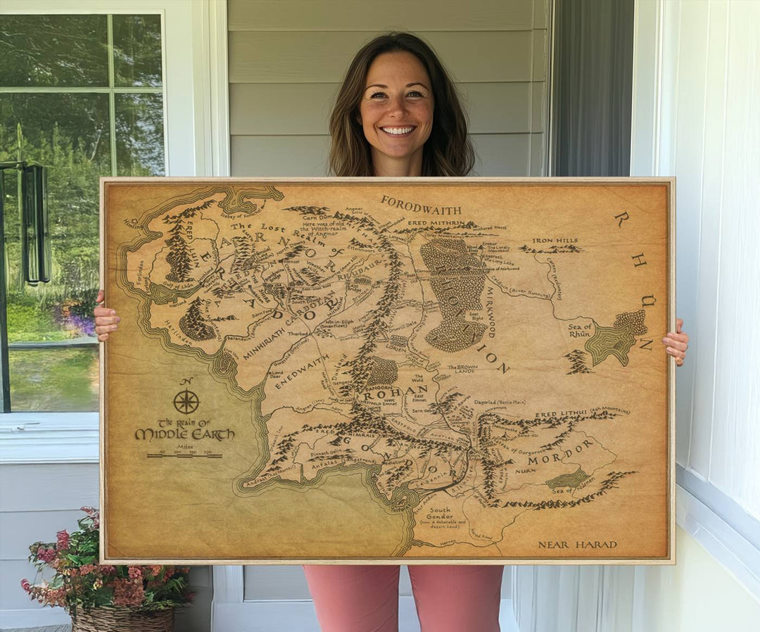 41064-MGV-CV-36X24-Middle Earth Map Wall Art – Vintage Triptych Canvas Set Featuring Detailed Regions of Rohan, Gondor, and Mordor