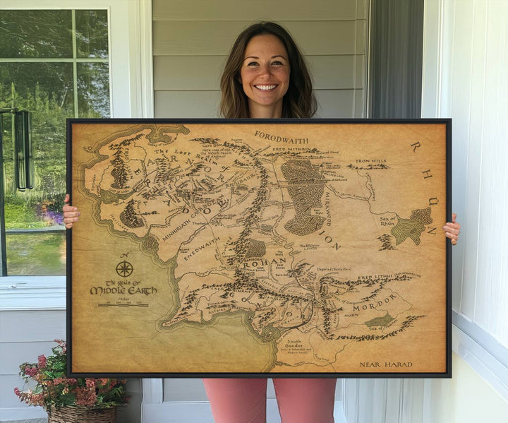 41064-MGV-CV-36X24-Middle Earth Map Wall Art – Vintage Triptych Canvas Set Featuring Detailed Regions of Rohan, Gondor, and Mordor