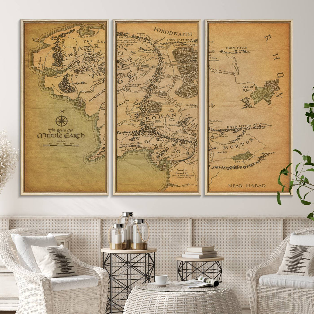 41064-MGV-CV-36X24-Middle Earth Map Wall Art – Vintage Triptych Canvas Set Featuring Detailed Regions of Rohan, Gondor, and Mordor