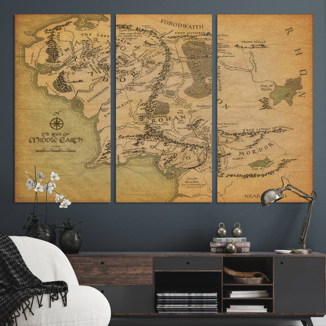 Middle Earth Map Wall Art – Vintage Triptych Canvas Set Featuring Detailed Regions of Rohan, Gondor, and Mordor