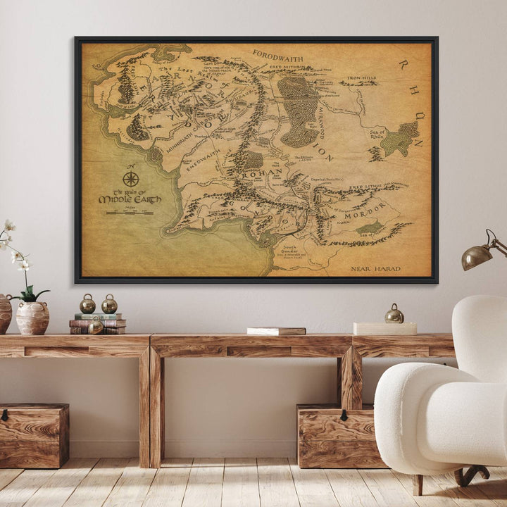 Middle Earth Map Wall Art – Vintage Triptych Canvas Set Featuring Detailed Regions of Rohan, Gondor, and Mordor