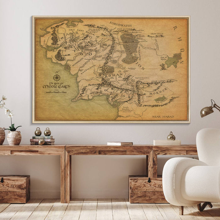 Middle Earth Map Wall Art – Vintage Triptych Canvas Set Featuring Detailed Regions of Rohan, Gondor, and Mordor