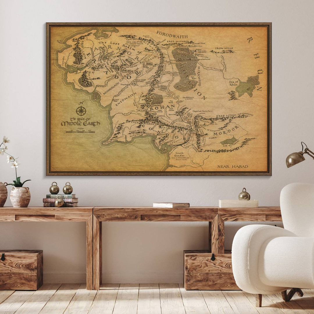 Middle Earth Map Wall Art – Vintage Triptych Canvas Set Featuring Detailed Regions of Rohan, Gondor, and Mordor
