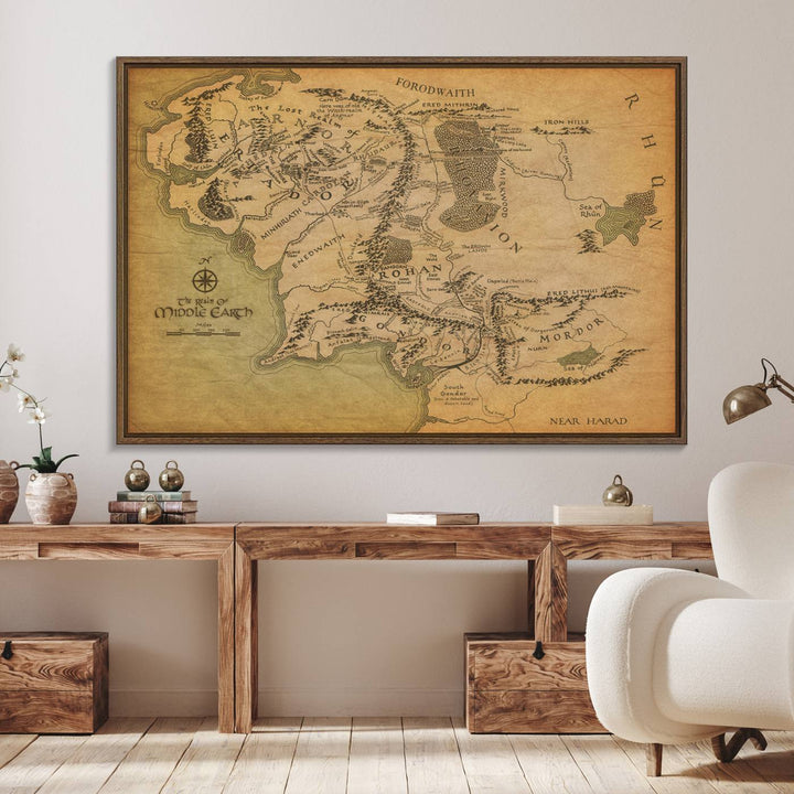 Middle Earth Map Wall Art – Vintage Triptych Canvas Set Featuring Detailed Regions of Rohan, Gondor, and Mordor