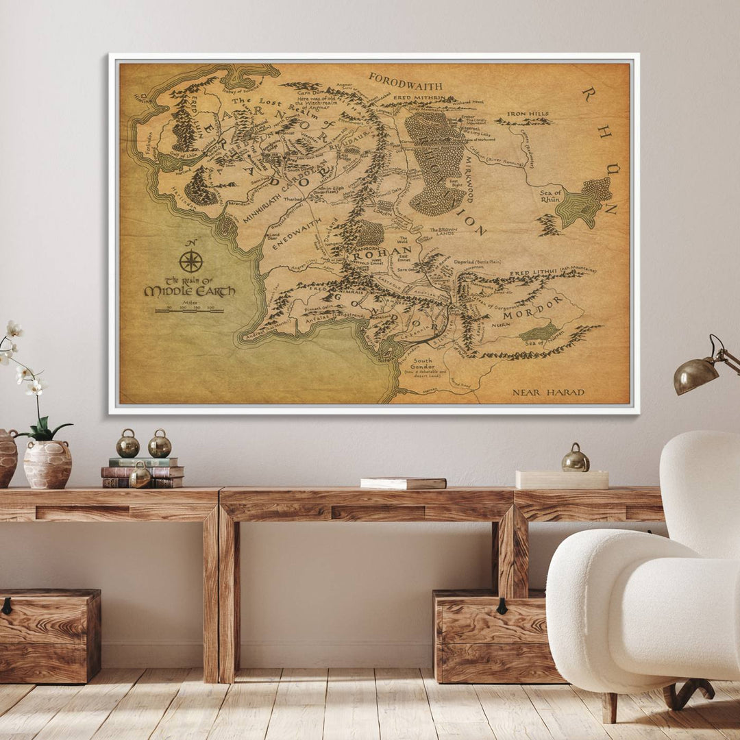 41064-MGV-FC-36X24_White-Middle Earth Map Wall Art – Vintage Triptych Canvas Set Featuring Detailed Regions of Rohan, Gondor, and Mordor