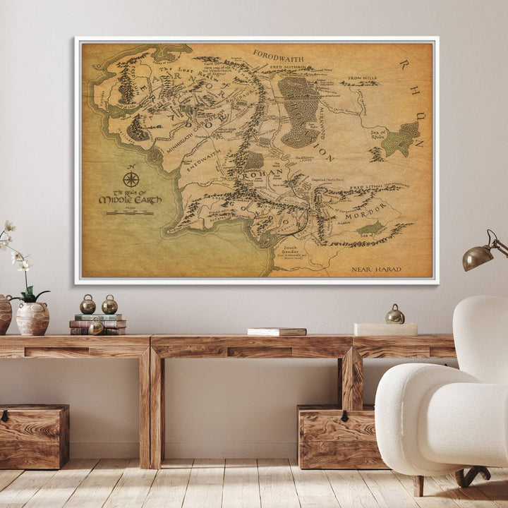 41064-MGV-FC-36X24_White-Middle Earth Map Wall Art – Vintage Triptych Canvas Set Featuring Detailed Regions of Rohan, Gondor, and Mordor
