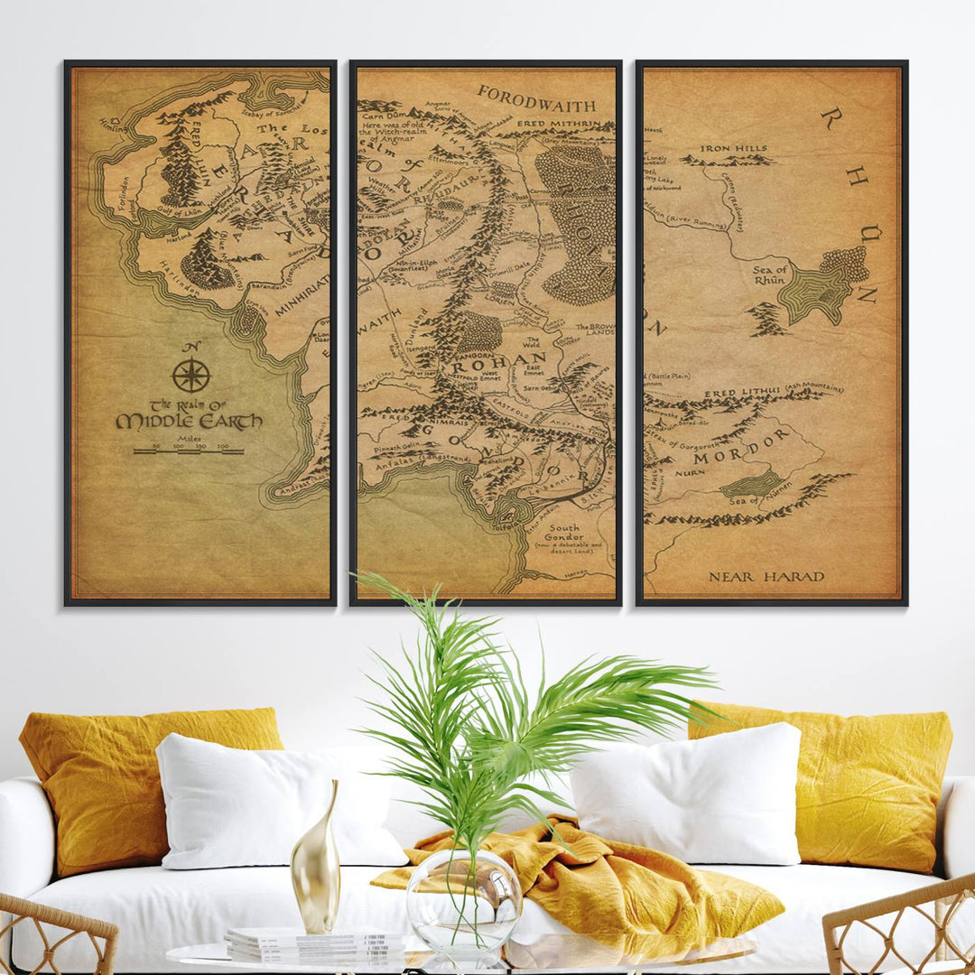 41064-MGV-FC-48X32-3P_Black-Middle Earth Map Wall Art – Vintage Triptych Canvas Set Featuring Detailed Regions of Rohan, Gondor, and Mordor