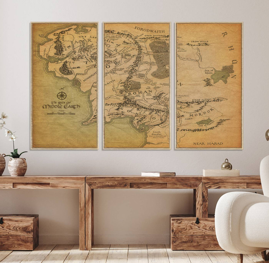41064-MGV-FC-48X32-3P_Natural-Middle Earth Map Wall Art – Vintage Triptych Canvas Set Featuring Detailed Regions of Rohan, Gondor, and Mordor