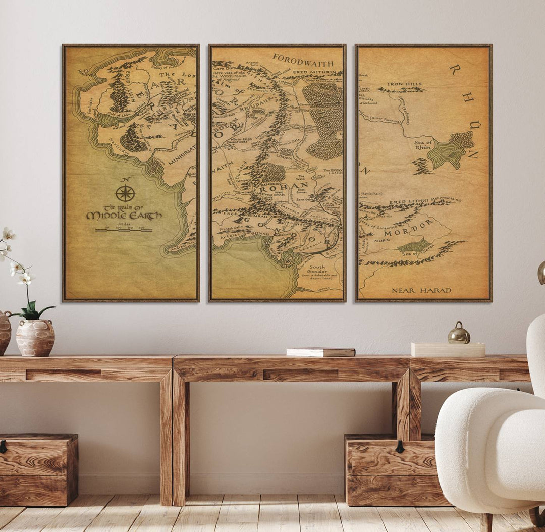 41064-MGV-FC-48X32-3P_Walnut-Middle Earth Map Wall Art – Vintage Triptych Canvas Set Featuring Detailed Regions of Rohan, Gondor, and Mordor