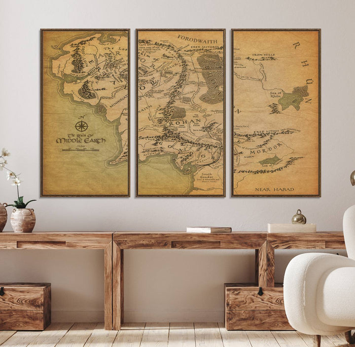 41064-MGV-FC-48X32-3P_Walnut-Middle Earth Map Wall Art – Vintage Triptych Canvas Set Featuring Detailed Regions of Rohan, Gondor, and Mordor