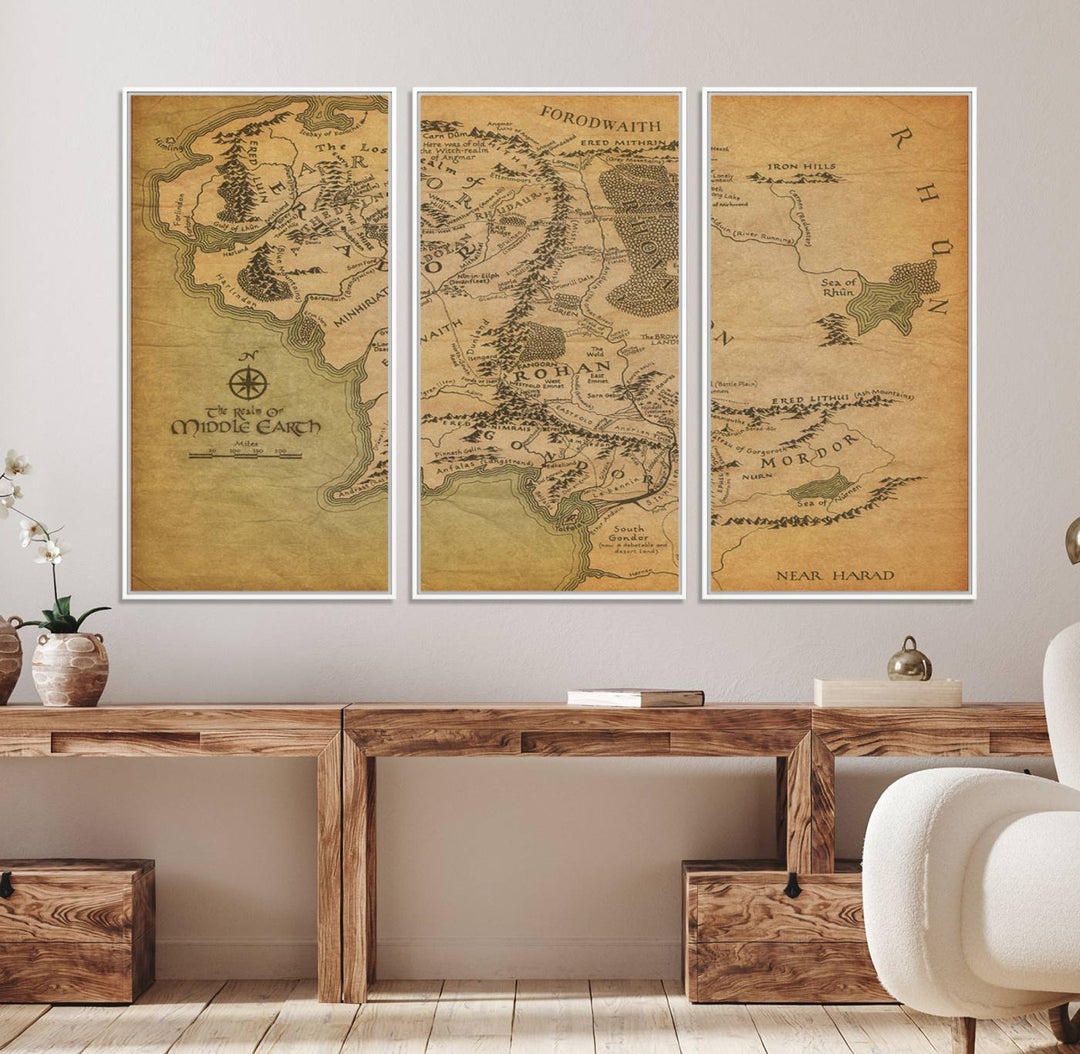 41064-MGV-FC-48X32-3P_White-Middle Earth Map Wall Art – Vintage Triptych Canvas Set Featuring Detailed Regions of Rohan, Gondor, and Mordor