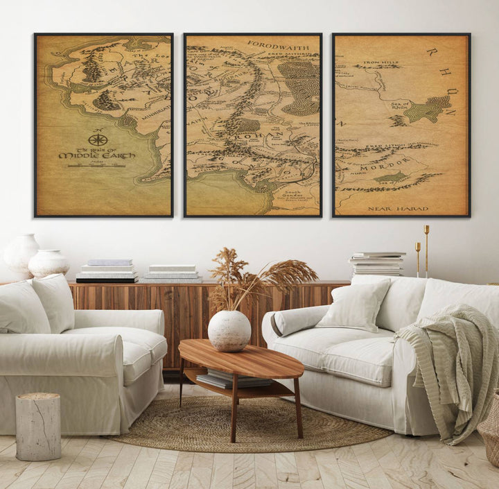 41064-MGV-FC-60X30-3P_Black-Middle Earth Map Wall Art – Vintage Triptych Canvas Set Featuring Detailed Regions of Rohan, Gondor, and Mordor