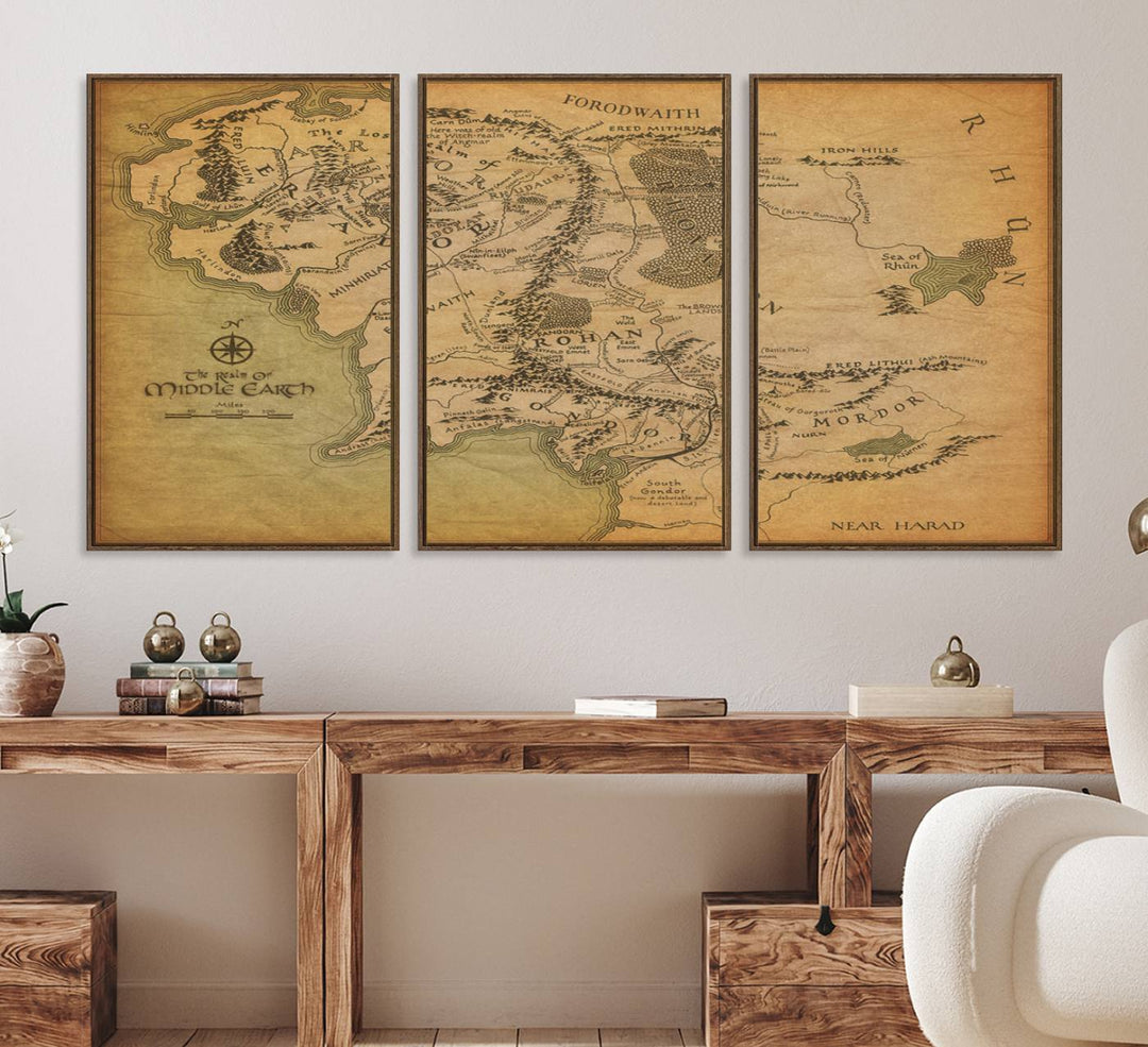 41064-MGV-FC-60X30-3P_Walnut-Middle Earth Map Wall Art – Vintage Triptych Canvas Set Featuring Detailed Regions of Rohan, Gondor, and Mordor
