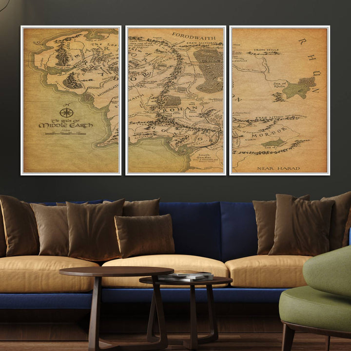 41064-MGV-FC-60X30-3P_White-Middle Earth Map Wall Art – Vintage Triptych Canvas Set Featuring Detailed Regions of Rohan, Gondor, and Mordor
