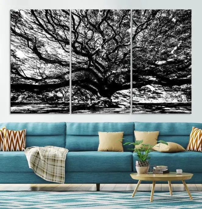 The Mighty Angel Oak Wall Art, featuring a stunning depiction of the Angel Oak Tree on a museum-quality canvas, adorns the wall. These ready-to-hang pieces come with a UV-protective coating, guaranteeing enduring elegance.