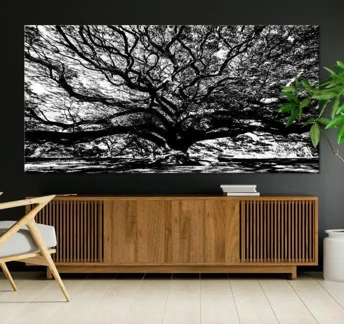 The Mighty Angel Oak Wall Art, featuring a stunning depiction of the Angel Oak Tree on a museum-quality canvas, adorns the wall. These ready-to-hang pieces come with a UV-protective coating, guaranteeing enduring elegance.