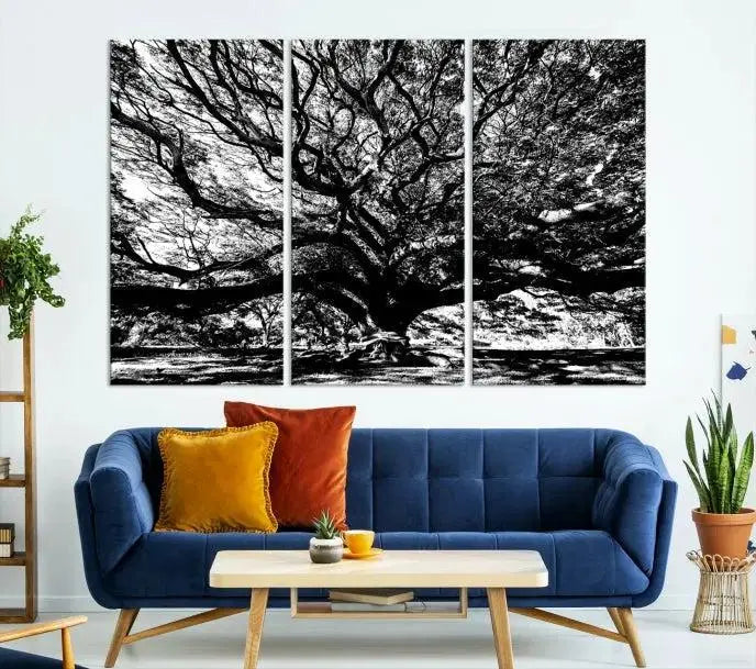 The Mighty Angel Oak Wall Art, featuring a stunning depiction of the Angel Oak Tree on a museum-quality canvas, adorns the wall. These ready-to-hang pieces come with a UV-protective coating, guaranteeing enduring elegance.