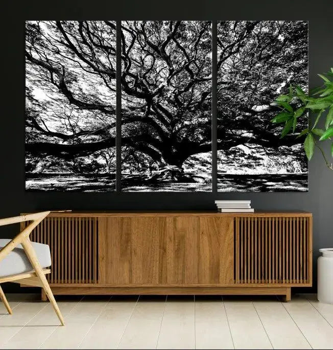 The Mighty Angel Oak Wall Art, featuring a stunning depiction of the Angel Oak Tree on a museum-quality canvas, adorns the wall. These ready-to-hang pieces come with a UV-protective coating, guaranteeing enduring elegance.