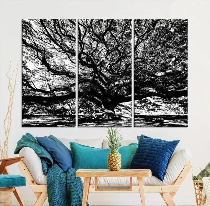 The Mighty Angel Oak Wall Art, featuring a stunning depiction of the Angel Oak Tree on a museum-quality canvas, adorns the wall. These ready-to-hang pieces come with a UV-protective coating, guaranteeing enduring elegance.