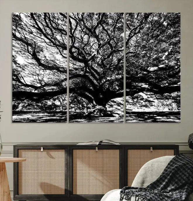 The Mighty Angel Oak Wall Art, featuring a stunning depiction of the Angel Oak Tree on a museum-quality canvas, adorns the wall. These ready-to-hang pieces come with a UV-protective coating, guaranteeing enduring elegance.