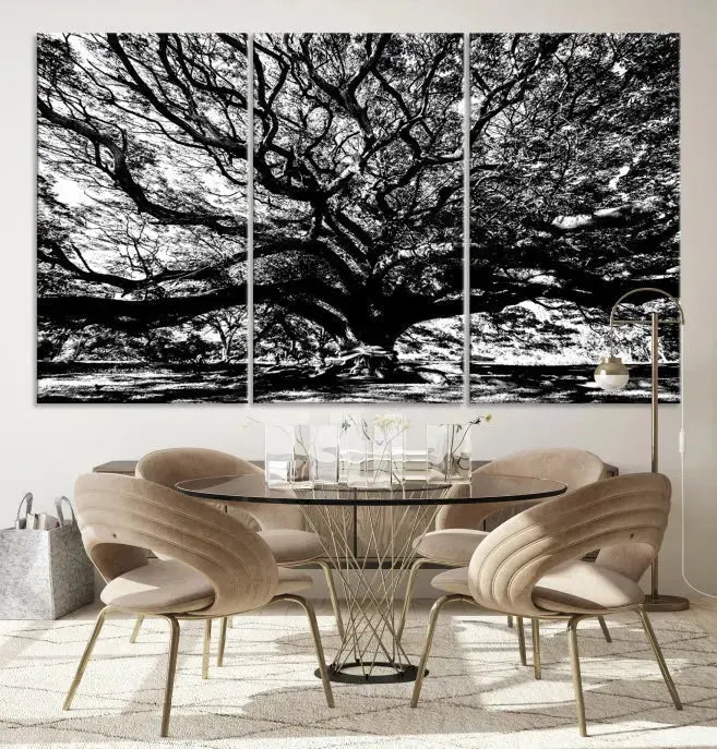 The Mighty Angel Oak Wall Art, featuring a stunning depiction of the Angel Oak Tree on a museum-quality canvas, adorns the wall. These ready-to-hang pieces come with a UV-protective coating, guaranteeing enduring elegance.