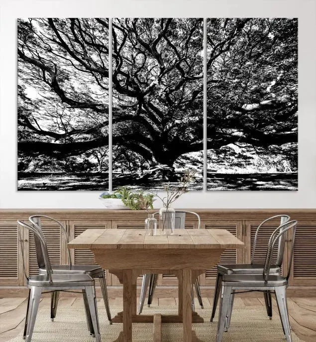 The Mighty Angel Oak Wall Art, featuring a stunning depiction of the Angel Oak Tree on a museum-quality canvas, adorns the wall. These ready-to-hang pieces come with a UV-protective coating, guaranteeing enduring elegance.