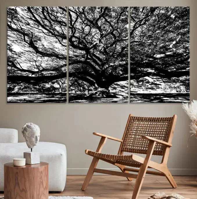 The Mighty Angel Oak Wall Art, featuring a stunning depiction of the Angel Oak Tree on a museum-quality canvas, adorns the wall. These ready-to-hang pieces come with a UV-protective coating, guaranteeing enduring elegance.