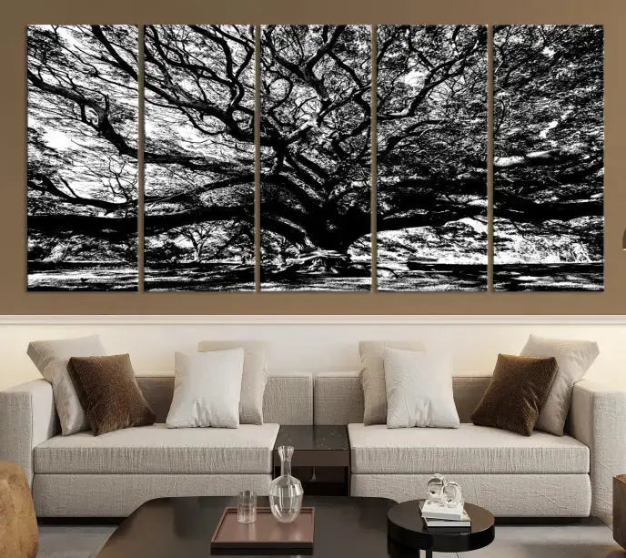 The Mighty Angel Oak Wall Art, featuring a stunning depiction of the Angel Oak Tree on a museum-quality canvas, adorns the wall. These ready-to-hang pieces come with a UV-protective coating, guaranteeing enduring elegance.