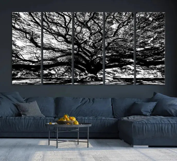 The Mighty Angel Oak Wall Art, featuring a stunning depiction of the Angel Oak Tree on a museum-quality canvas, adorns the wall. These ready-to-hang pieces come with a UV-protective coating, guaranteeing enduring elegance.