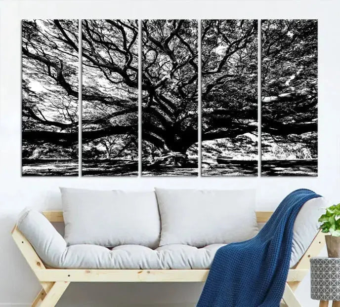 The Mighty Angel Oak Wall Art, featuring a stunning depiction of the Angel Oak Tree on a museum-quality canvas, adorns the wall. These ready-to-hang pieces come with a UV-protective coating, guaranteeing enduring elegance.