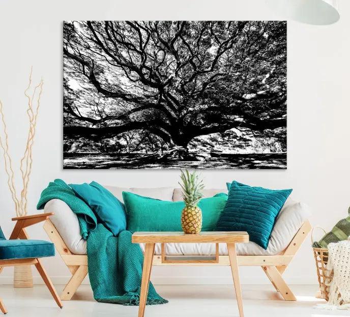 The Mighty Angel Oak Wall Art, featuring a stunning depiction of the Angel Oak Tree on a museum-quality canvas, adorns the wall. These ready-to-hang pieces come with a UV-protective coating, guaranteeing enduring elegance.