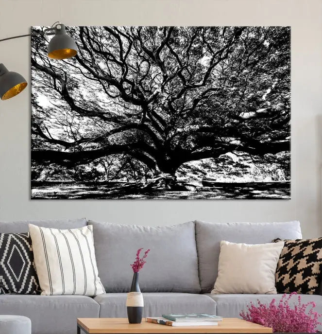 The Mighty Angel Oak Wall Art, featuring a stunning depiction of the Angel Oak Tree on a museum-quality canvas, adorns the wall. These ready-to-hang pieces come with a UV-protective coating, guaranteeing enduring elegance.