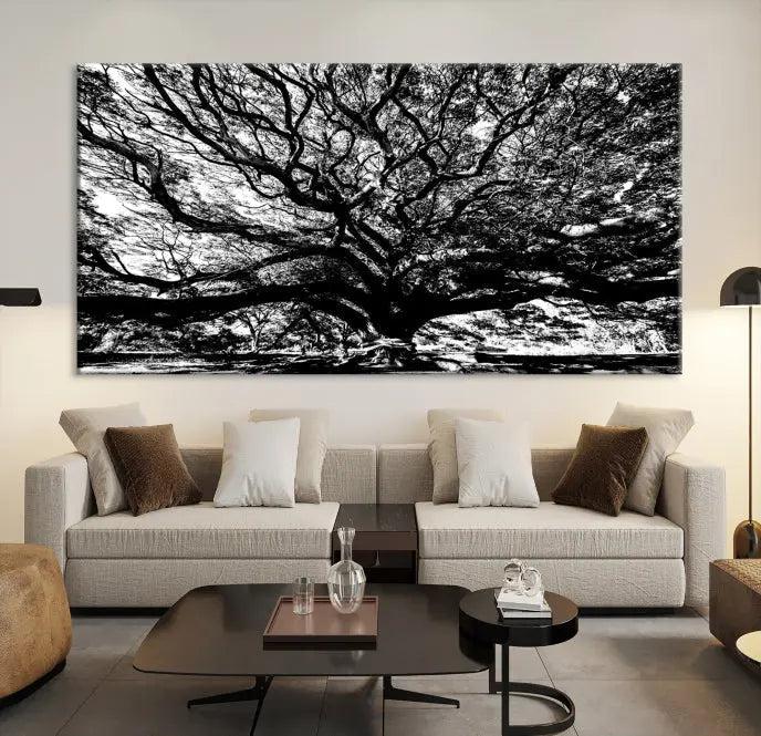 The Mighty Angel Oak Wall Art, featuring a stunning depiction of the Angel Oak Tree on a museum-quality canvas, adorns the wall. These ready-to-hang pieces come with a UV-protective coating, guaranteeing enduring elegance.