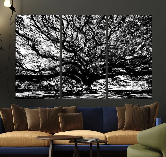 The Mighty Angel Oak Wall Art, featuring a stunning depiction of the Angel Oak Tree on a museum-quality canvas, adorns the wall. These ready-to-hang pieces come with a UV-protective coating, guaranteeing enduring elegance.