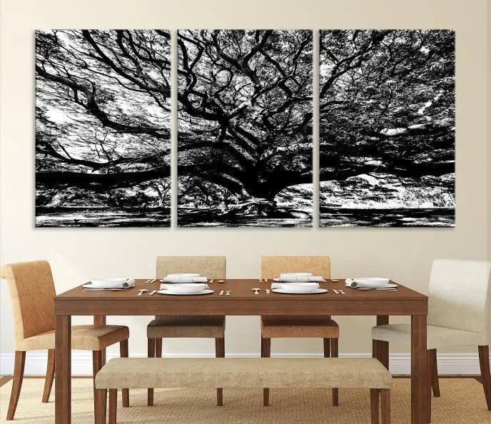 The Mighty Angel Oak Wall Art, featuring a stunning depiction of the Angel Oak Tree on a museum-quality canvas, adorns the wall. These ready-to-hang pieces come with a UV-protective coating, guaranteeing enduring elegance.