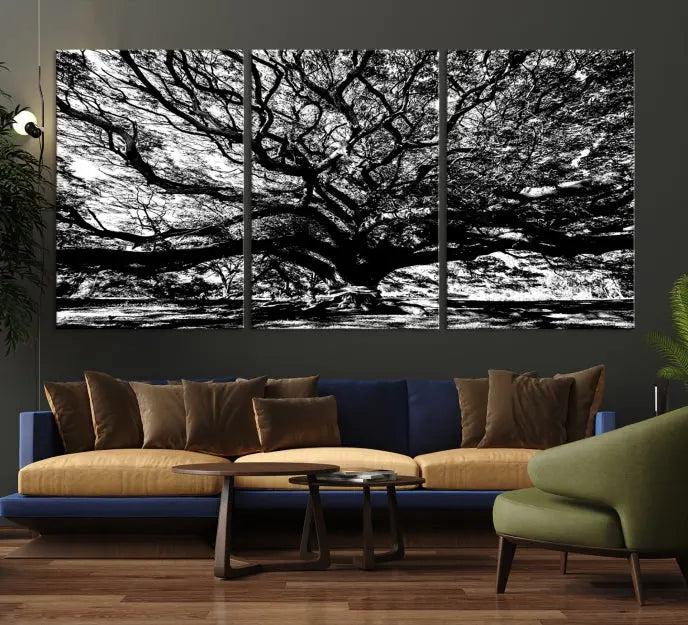 The Mighty Angel Oak Wall Art, featuring a stunning depiction of the Angel Oak Tree on a museum-quality canvas, adorns the wall. These ready-to-hang pieces come with a UV-protective coating, guaranteeing enduring elegance.