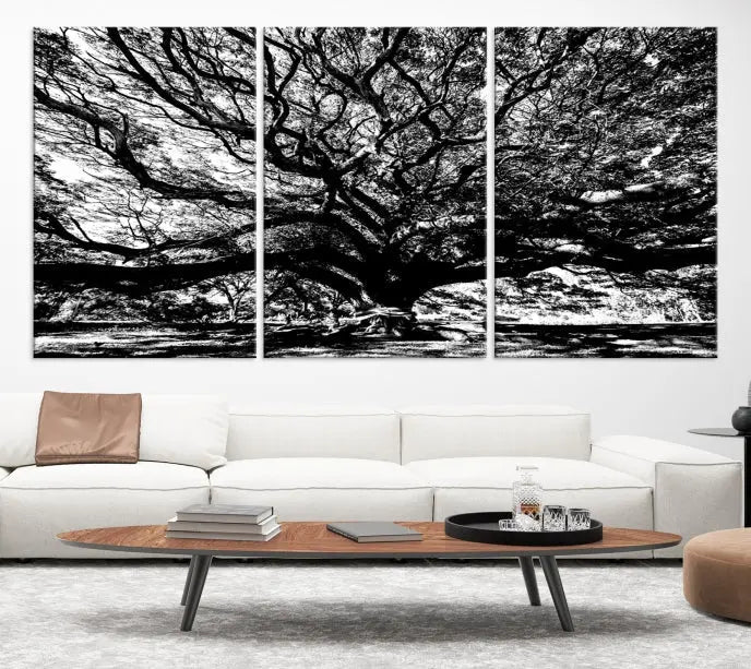 The Mighty Angel Oak Wall Art, featuring a stunning depiction of the Angel Oak Tree on a museum-quality canvas, adorns the wall. These ready-to-hang pieces come with a UV-protective coating, guaranteeing enduring elegance.