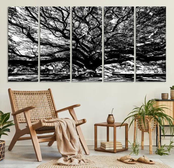 The Mighty Angel Oak Wall Art, featuring a stunning depiction of the Angel Oak Tree on a museum-quality canvas, adorns the wall. These ready-to-hang pieces come with a UV-protective coating, guaranteeing enduring elegance.