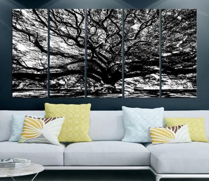 The Mighty Angel Oak Wall Art, featuring a stunning depiction of the Angel Oak Tree on a museum-quality canvas, adorns the wall. These ready-to-hang pieces come with a UV-protective coating, guaranteeing enduring elegance.