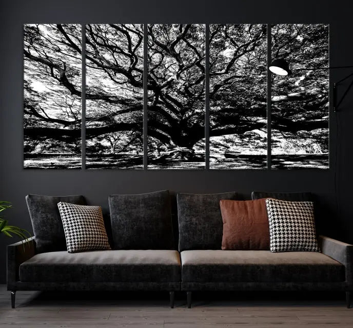 The Mighty Angel Oak Wall Art, featuring a stunning depiction of the Angel Oak Tree on a museum-quality canvas, adorns the wall. These ready-to-hang pieces come with a UV-protective coating, guaranteeing enduring elegance.