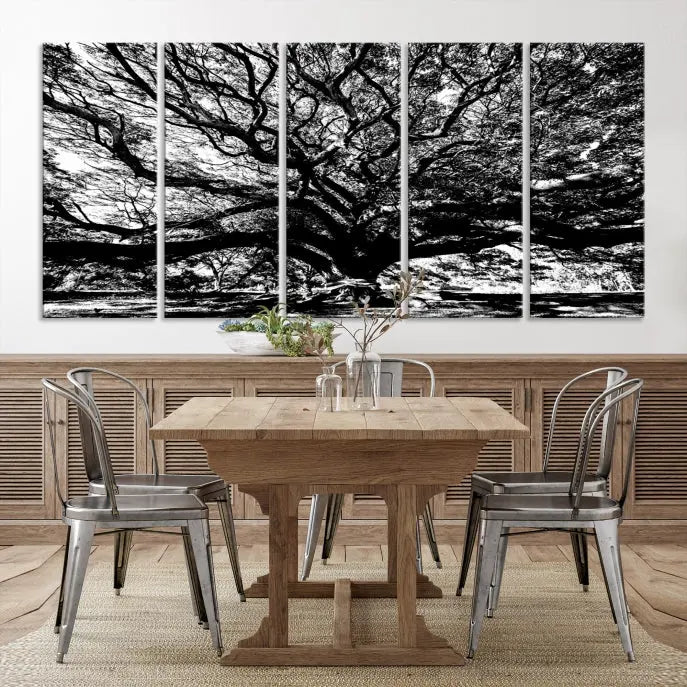 The Mighty Angel Oak Wall Art, featuring a stunning depiction of the Angel Oak Tree on a museum-quality canvas, adorns the wall. These ready-to-hang pieces come with a UV-protective coating, guaranteeing enduring elegance.