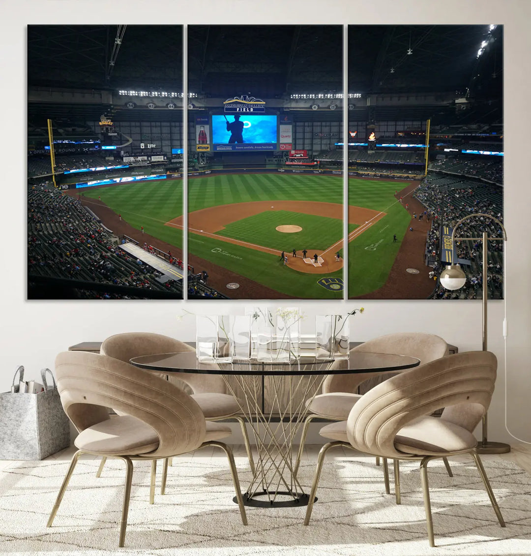 A stylish dining area showcases a premium Milwaukee Brewers Baseball Team Print featuring the American Family Field Stadium.