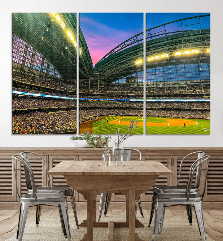 This Milwaukee Brewers Baseball Team Print, showcasing the American Family Field Stadium interior at sunset, features a gallery-quality finish on premium canvas.