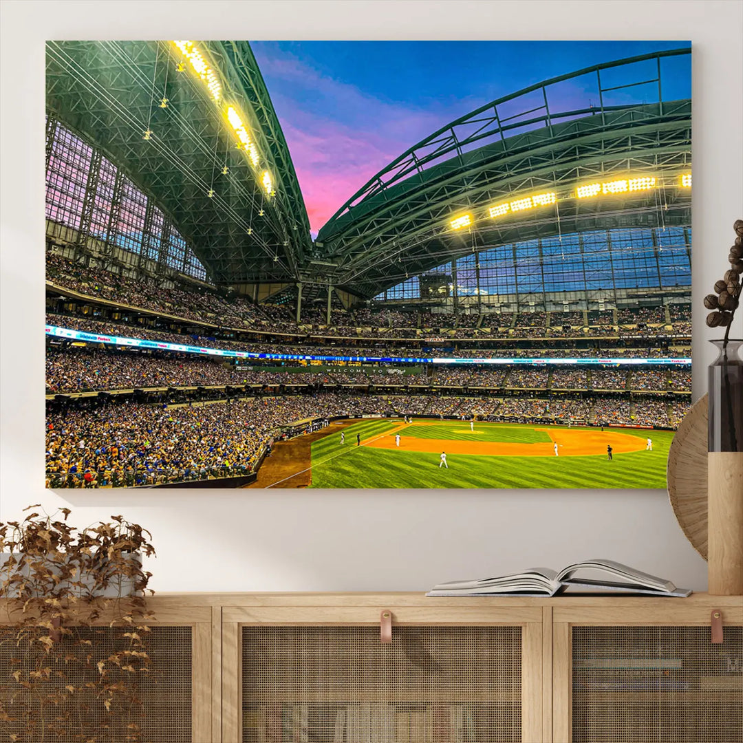 This Milwaukee Brewers Baseball Team Print, showcasing the American Family Field Stadium interior at sunset, features a gallery-quality finish on premium canvas.