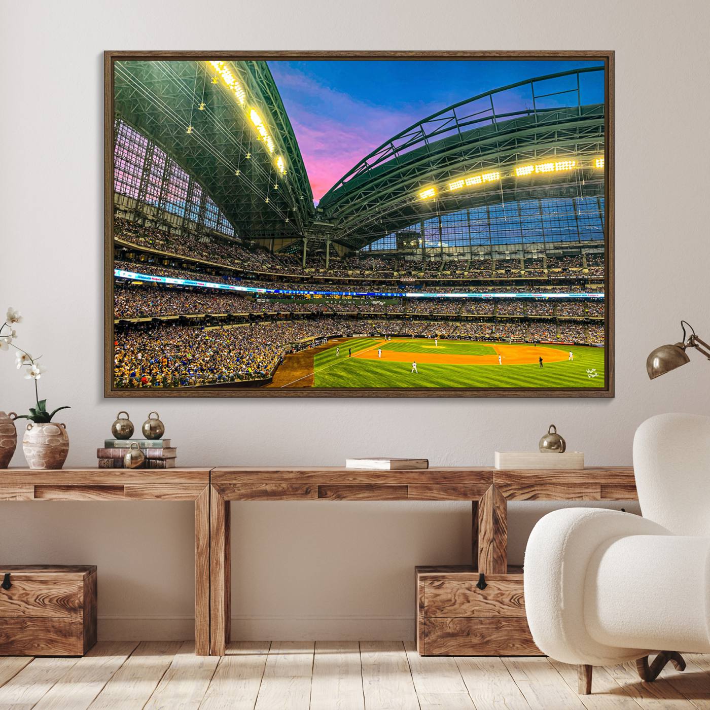 17006-MGV-FC-36X24_Walnut-Milwaukee Brewers Baseball Team Print Canvas- American Family Field Stadium Wall Art Canvas Print