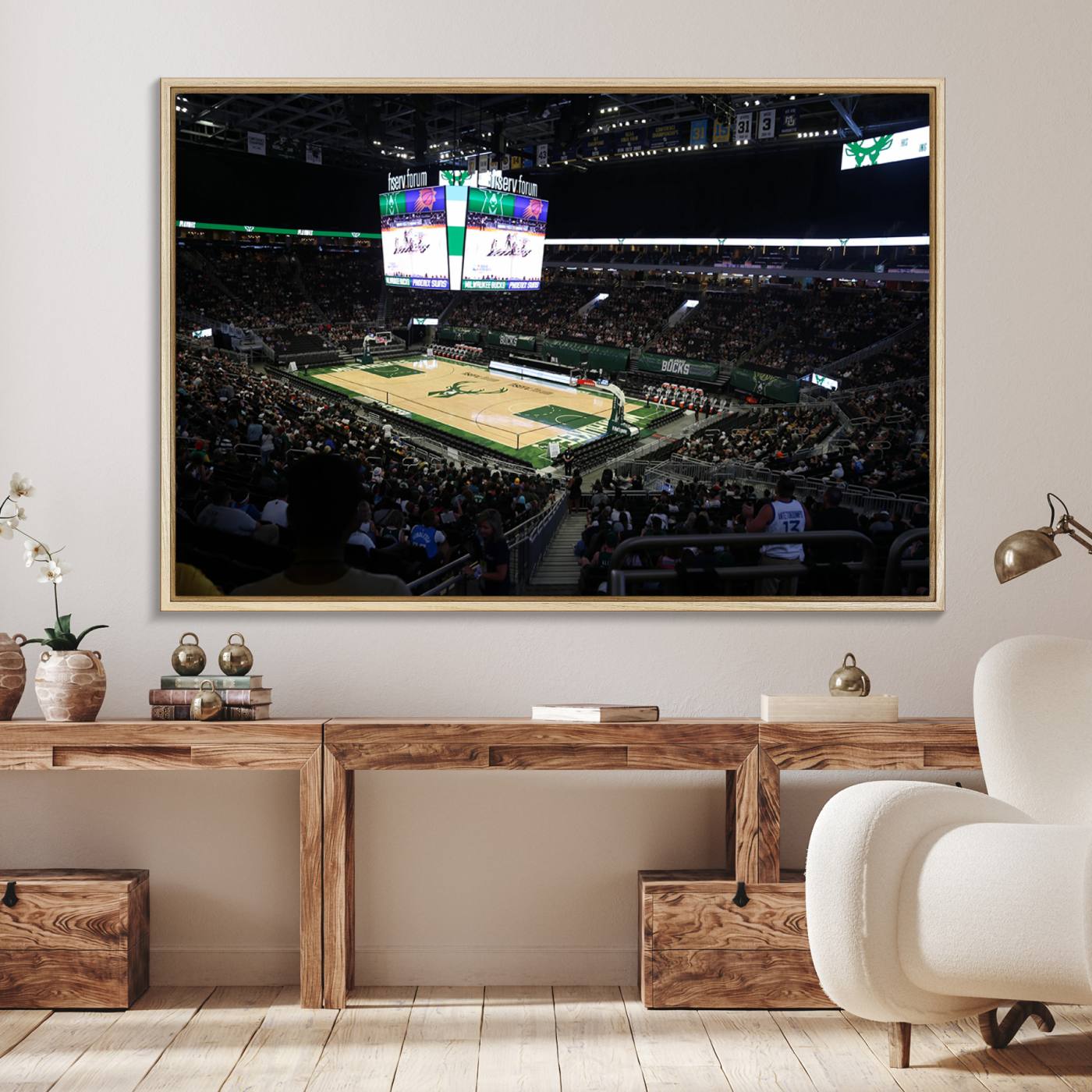 69882-MGV-FC-36X24_Natural-Milwaukee Bucks Basketball Print - Fiserv Forum Stadium Wall Art Canvas Print