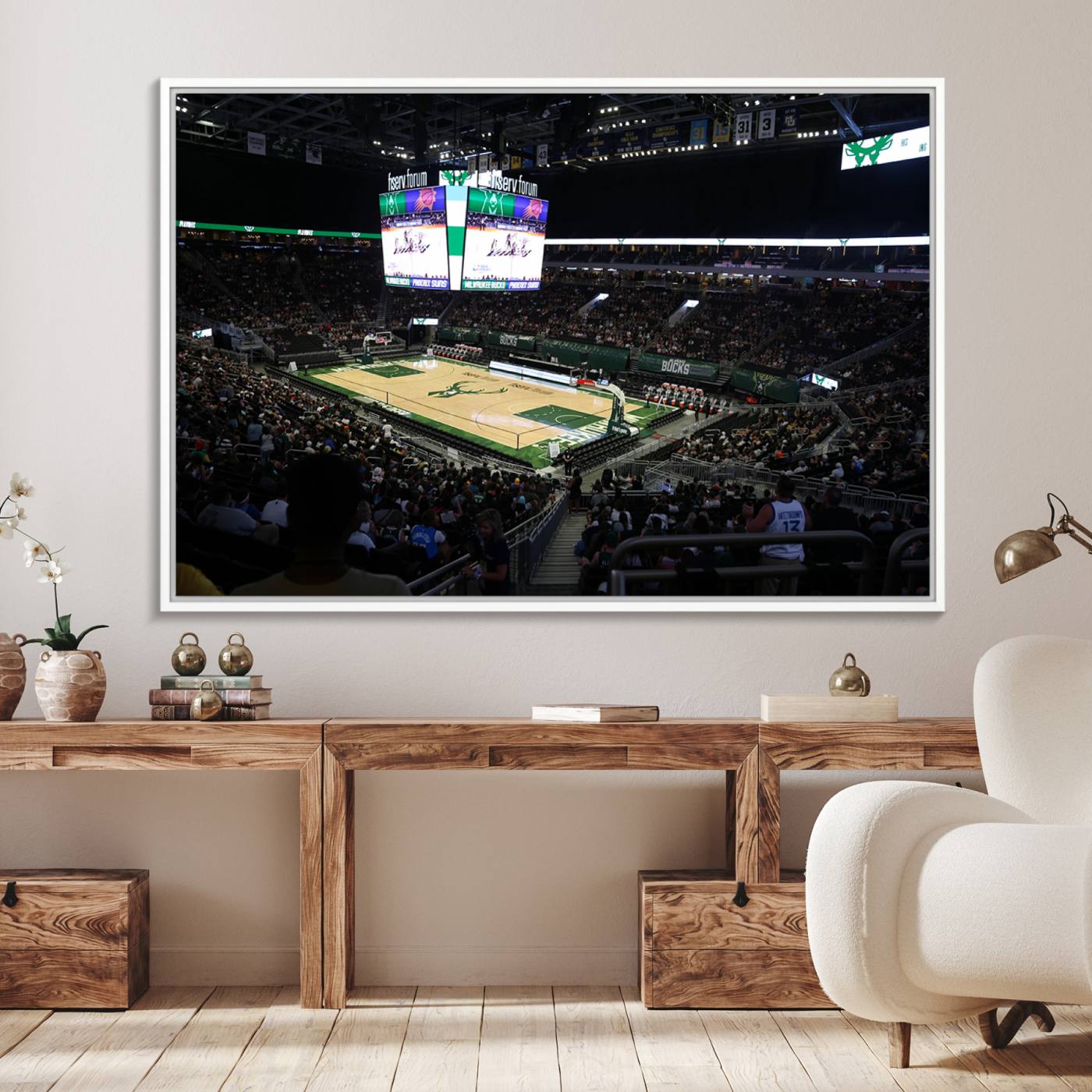 69882-MGV-FC-36X24_White-Milwaukee Bucks Basketball Print - Fiserv Forum Stadium Wall Art Canvas Print
