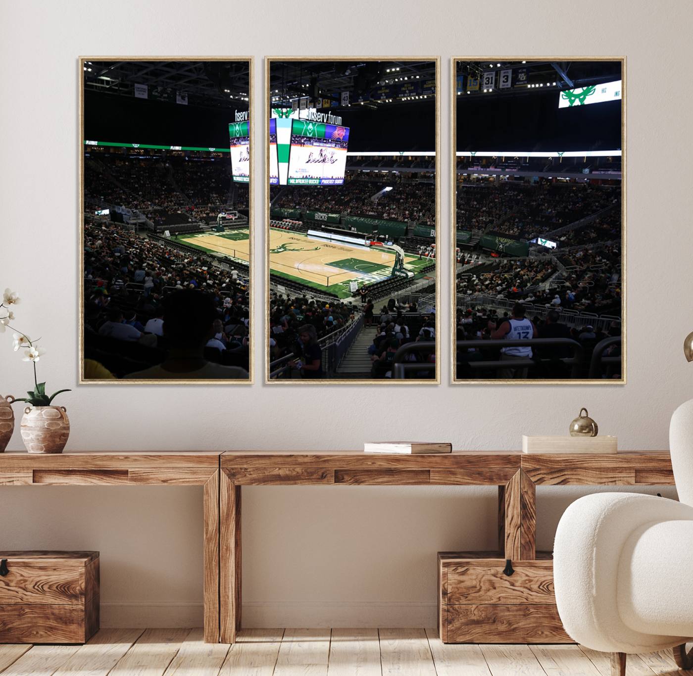 69882-MGV-FC-48X32-3P_Natural-Milwaukee Bucks Basketball Print - Fiserv Forum Stadium Wall Art Canvas Print